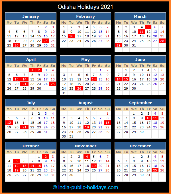 Odisha Holiday Calendar 2021